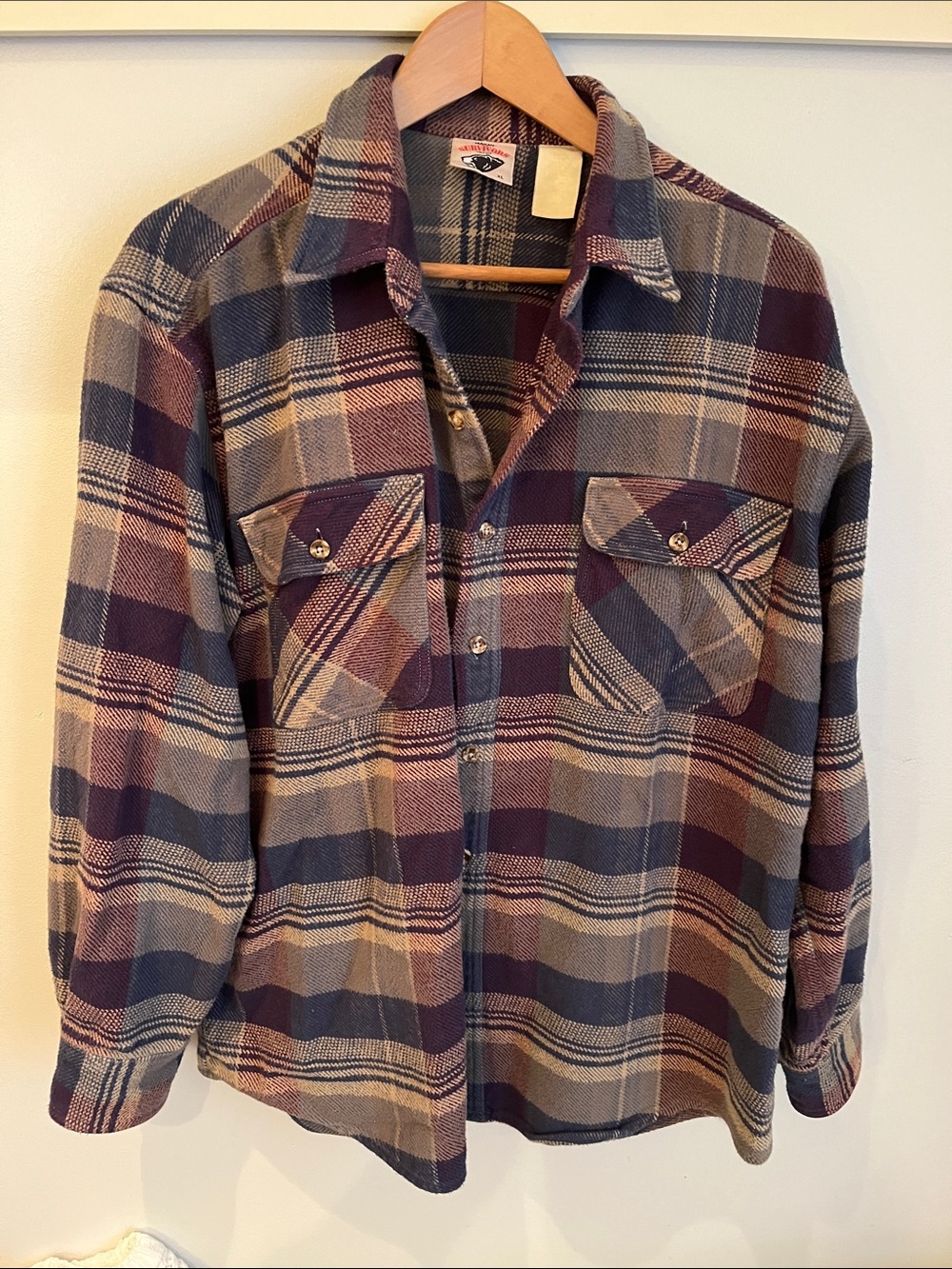 Vintage Plaid Button-Up Flannel Shirt in Burgundy, Navy & Tan